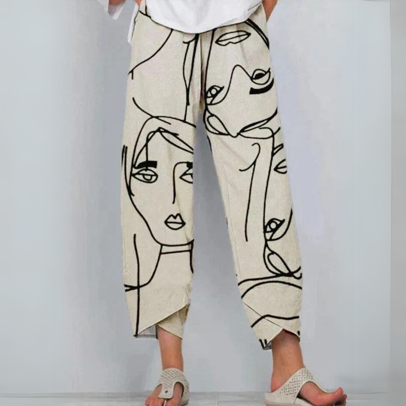 Manuel | Artistic Face Print Woman's Linen Pants
